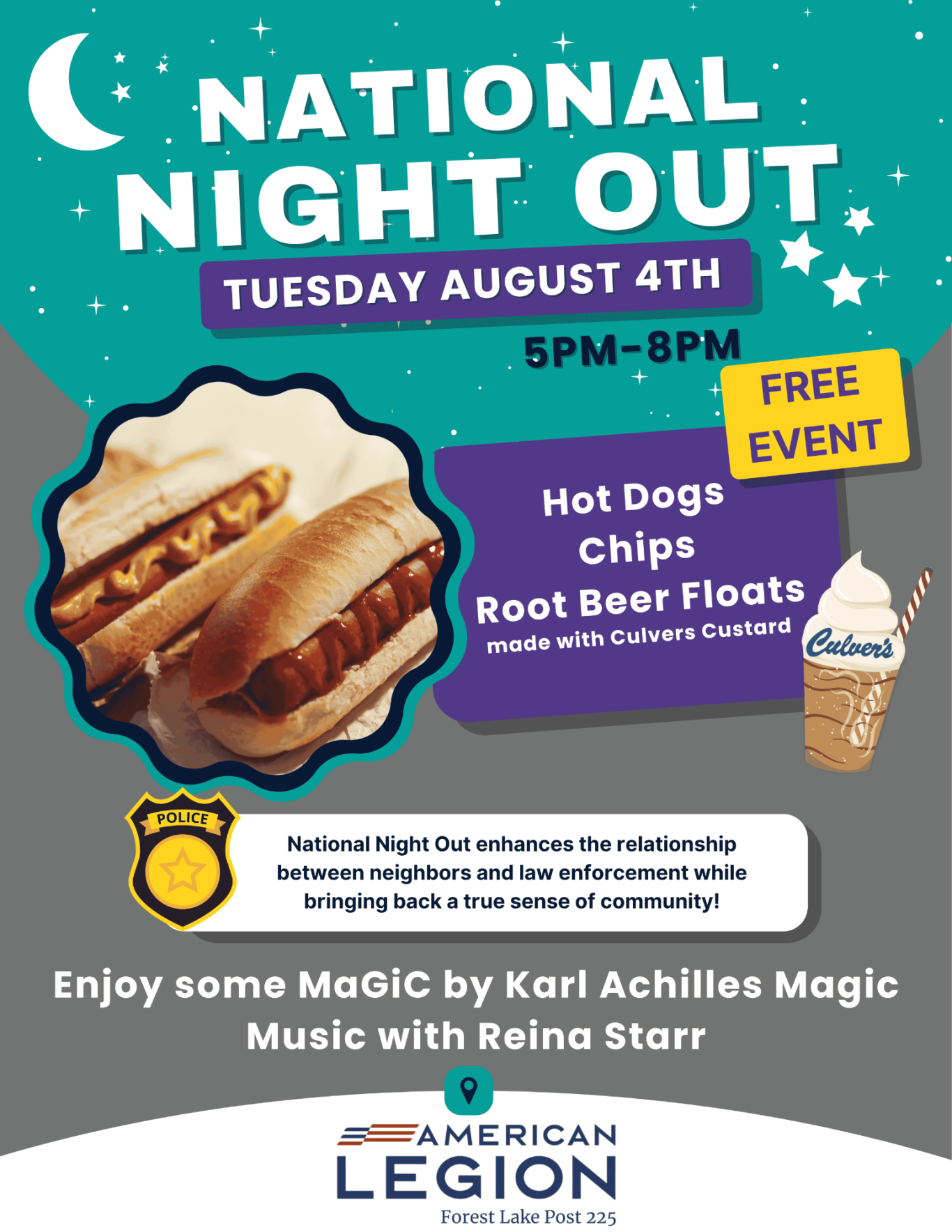 Invitation for a National Night Out event featuring hot dogs, chips, and root beer floats.