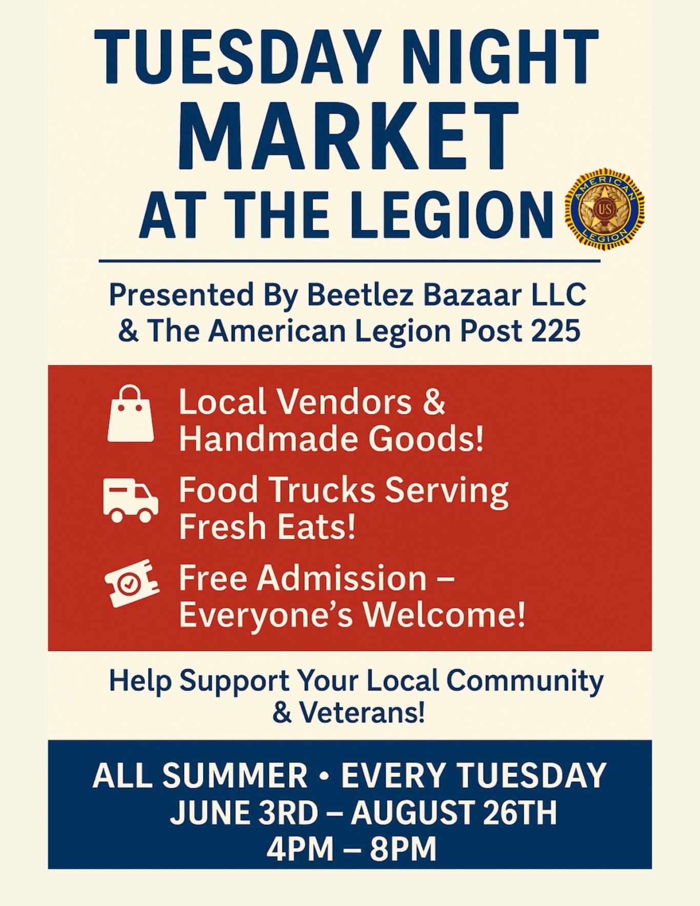 Poster for Tuesday Night Market at the Legion with details about vendors, food, and admission.
