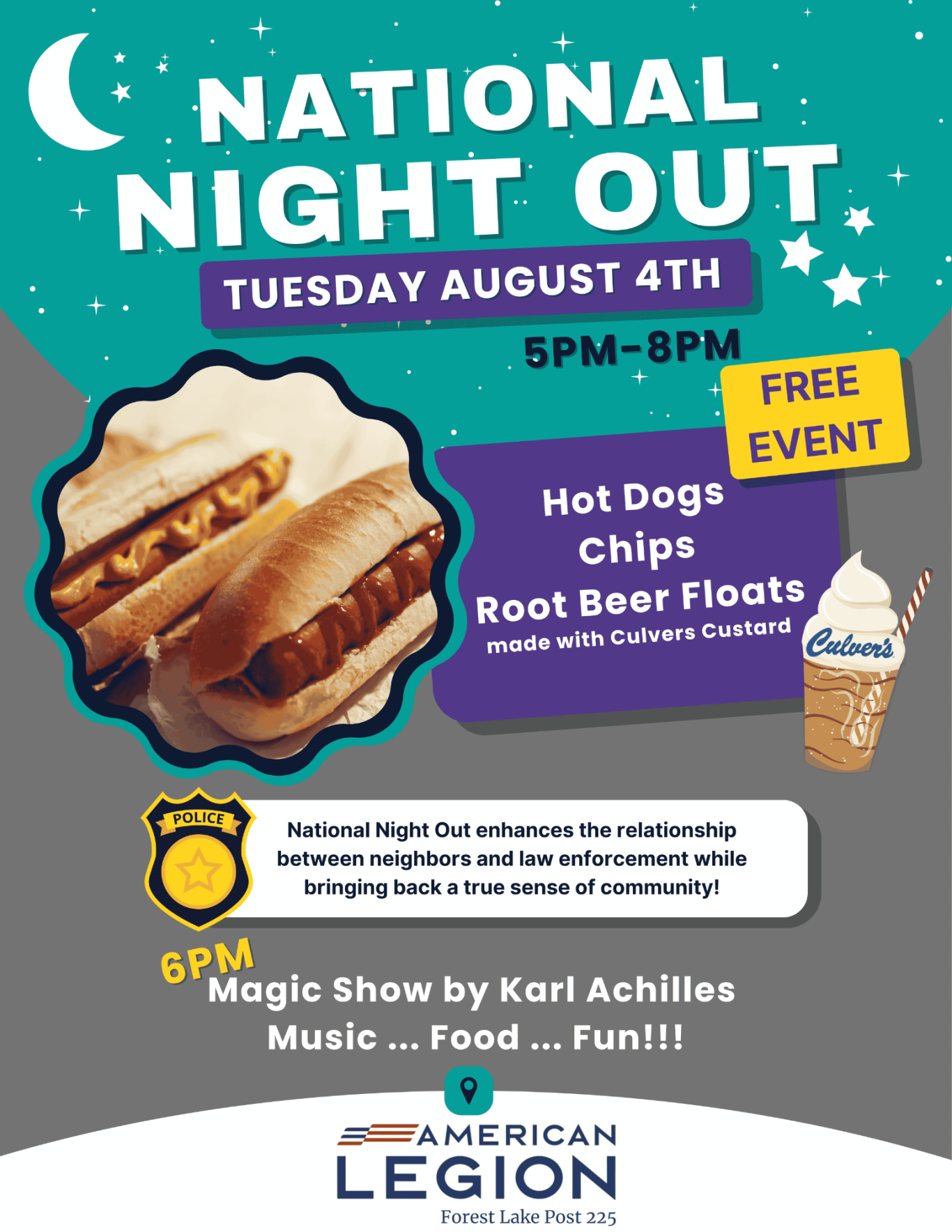 National Night Out event details, featuring hot dogs, chips, root beer floats, and entertainment.