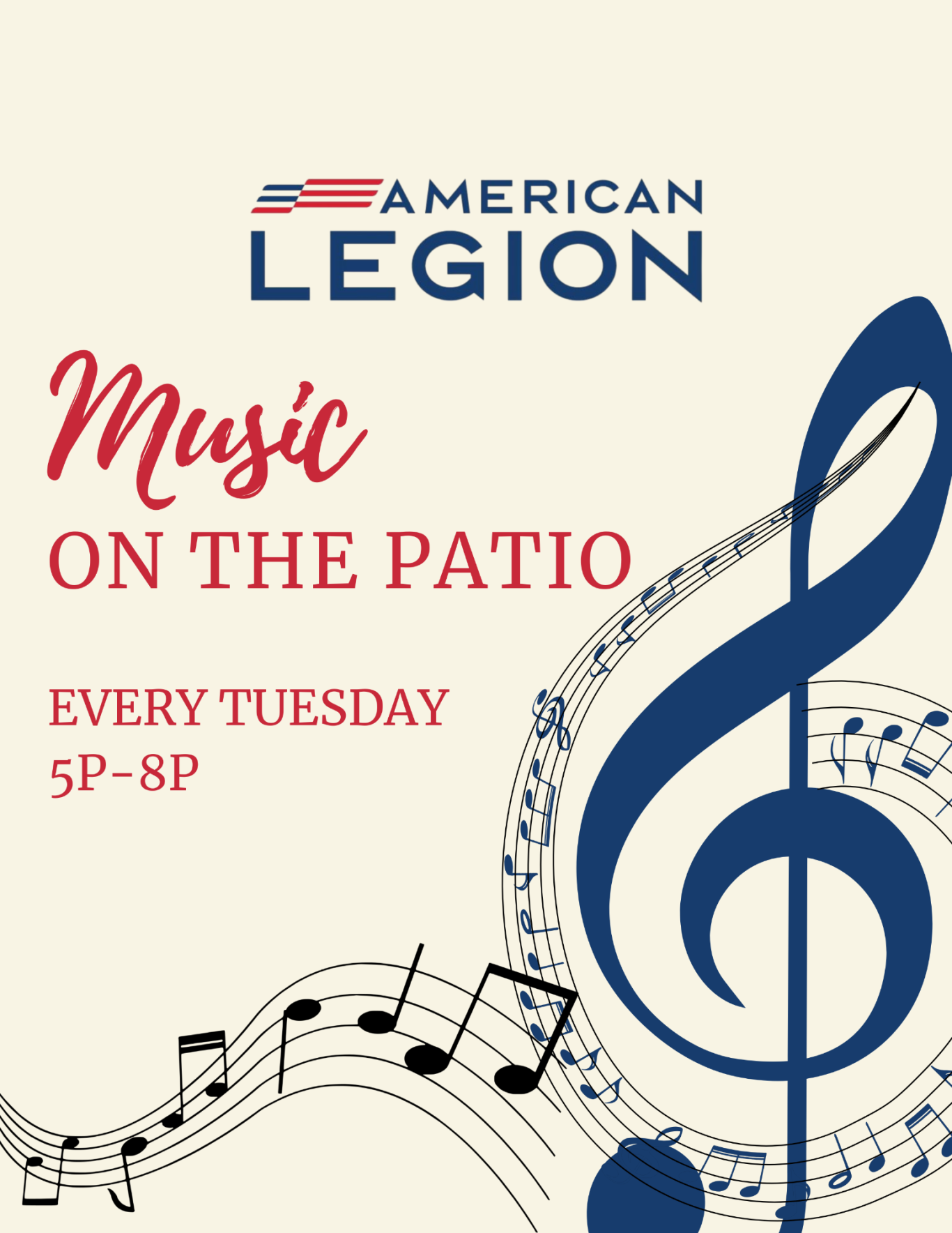 Poster for American Legion event: "Music on the Patio" every Tuesday from 5 PM to 8 PM.