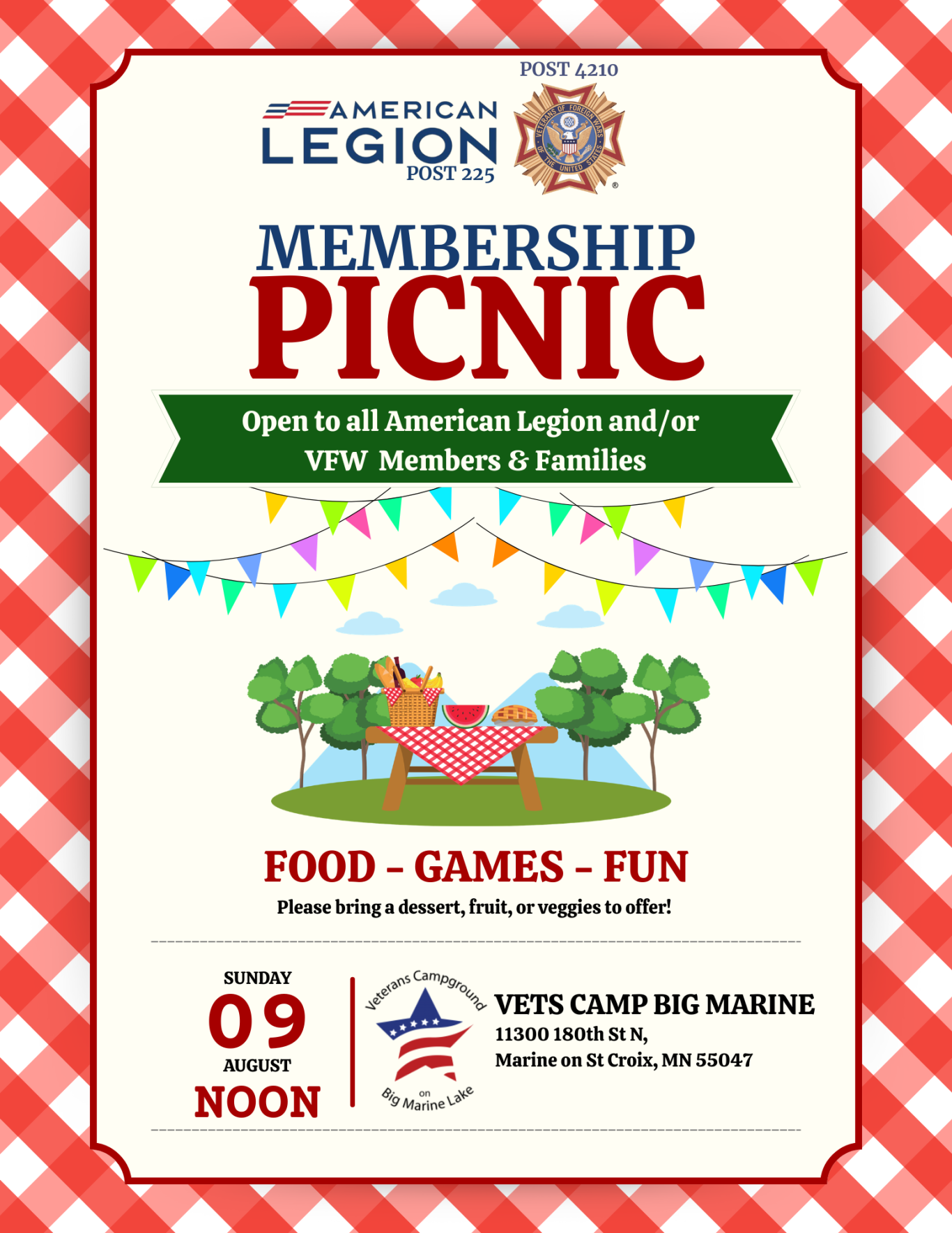 Membership picnic announcement with details about food, games, and fun activities.